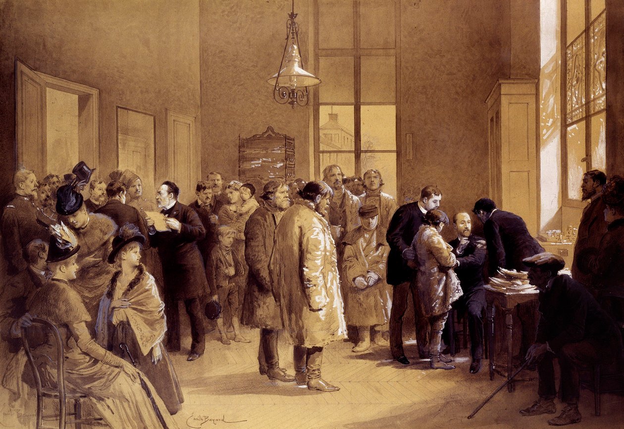 Rabies vaccination: Louis Pasteur (1822-1895) appealed to the fans while Dr. Gaucher vaccinated a Russian child, Joseph Meister, against rabies on 6/07/1885 in a laboratory on Ulm Street. Prints by Emile Bayard (1837-1891) 1886 Paris, Musee Pasteur by Emile Antoine Bayard