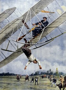 The dramas of the air: Orville Wright and the American lieutenant Selfridge hurtle with their plane from an altitude of thirty meters. Illustration by Beltrame. La Domenica del Corriere. 1908