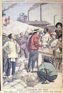 Importing Chinese labourers to work in the gold mines of South Africa in 1904, illustration from Le Petit Journal, 1904