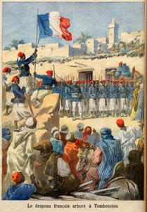 The Raising of the French Flag at Timbuktu (Mali) from Le Petit Journal, February 1894 - The French flag flaunts in Timbuktu. Illustration for Le Petit Journal