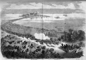 Unification of Italy - Expedition of the Thousand or Red Shirts - Battle of Milazzo (Sicily), July 20, 1860: view of the city and the fort of Milazzo from the Lipari Islands during the battle between the Thousand of Giuseppe Garibaldi and the Army of Franc