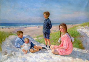 Erik, Else, Ove and Birthe Schultz on the Beach