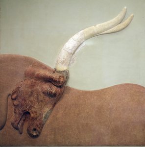 Minoan Art. Fragment of plaster relief fresco showing a hunted bull