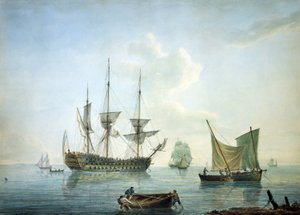Third-class frigate (70 cannons), a fishing boat and other boats off the south coast of England