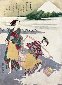 Salt Maidens on the Tago-no-ura Beach with Mt. Fuji Behind