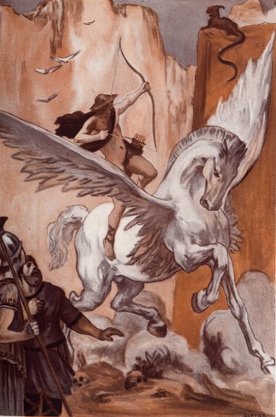 The History of Bellerophon: Bellerophon on His Horse Pegasus Kills the Chimera. Illustration by Clement Gontier for Homer